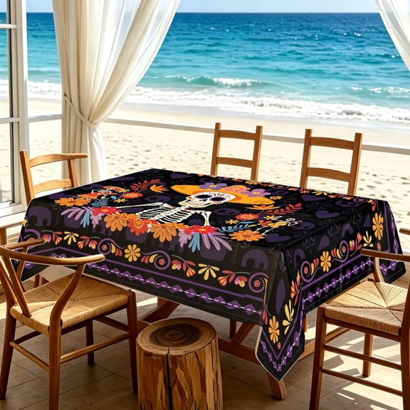 Black Base Mexican Folk Graffiti Cat Rectangular Tablecloth, Vibrant Colorful Kitten Cover for Kitchen Patio Decor, Cinco De Mayo Fiesta Family Parties, Holiday Gift
