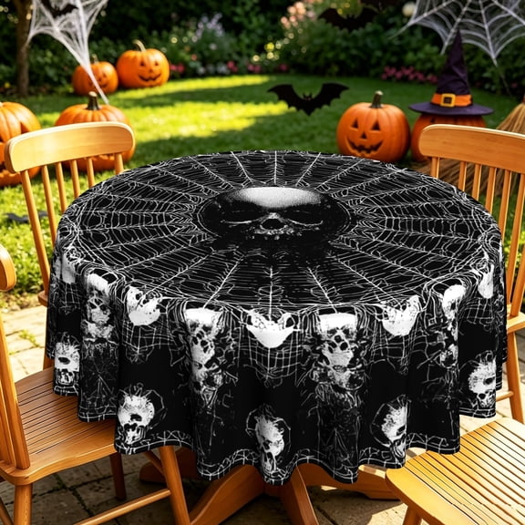 Black Base Skeleton Spider Web Gothic Style Halloween Pattern Round Tablecloth, Polyester, 35/50/60/70 inch, For Indoor Outdoor & Home Holiday Decor