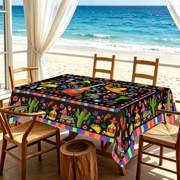 Black Base Vibrant Mexican Fiesta 2D Print Rectangular Tablecloth, Cactus Guitar Sombrero Floral Pattern Cover for Cinco De Mayo Taco Night Parties, Kitchen Patio Dining Decor, Holiday Gift