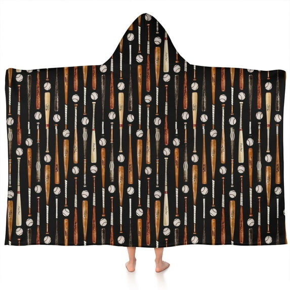 Black Baseball Bats and Balls Pattern Hooded Bath Towel,60"x35" for Ages 3 To 12 Kids, Quick Dry Lightweight Soft Microfiber Hood Beach Towel Cover Up for Kids