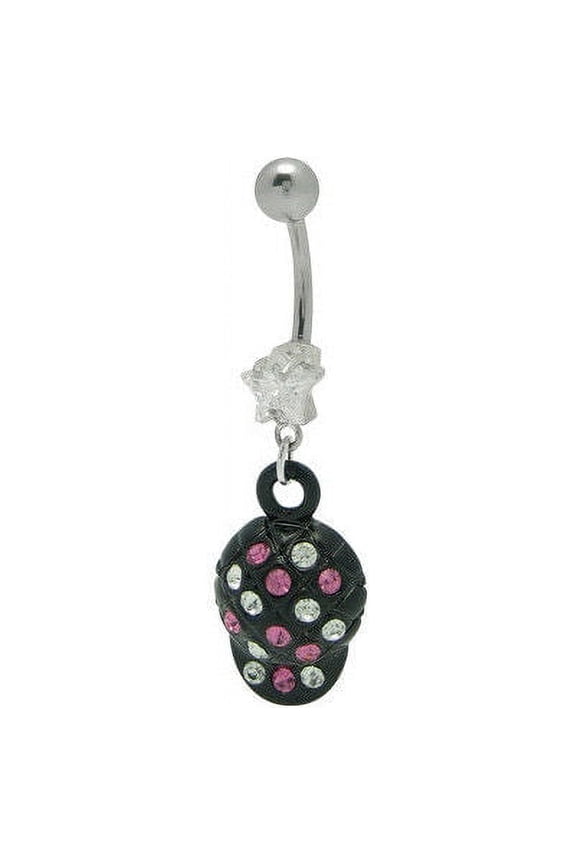 Black Baseball Cap Belly Ring with Cz Gems 14G