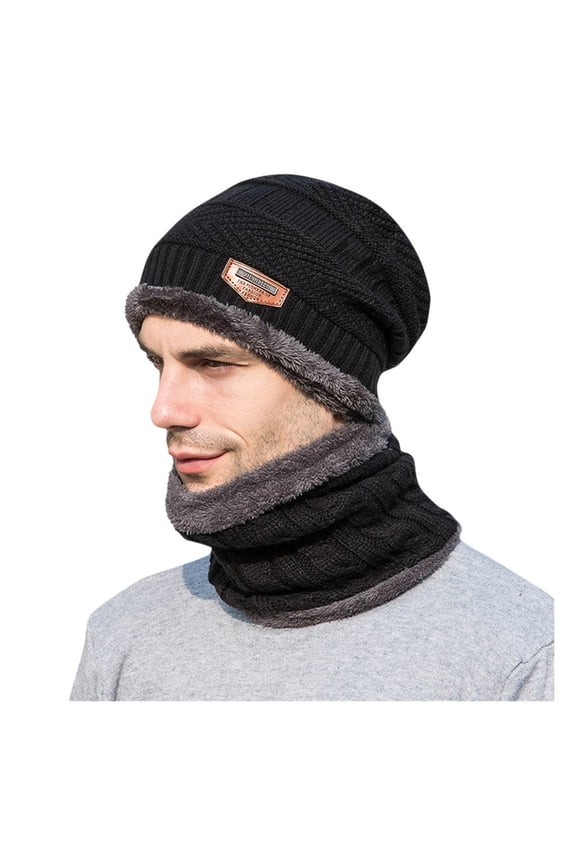Black Baseball Caps Men's Winter Hat Cap Collar Set Plus Velvet Thick Knit Hat and Muffler