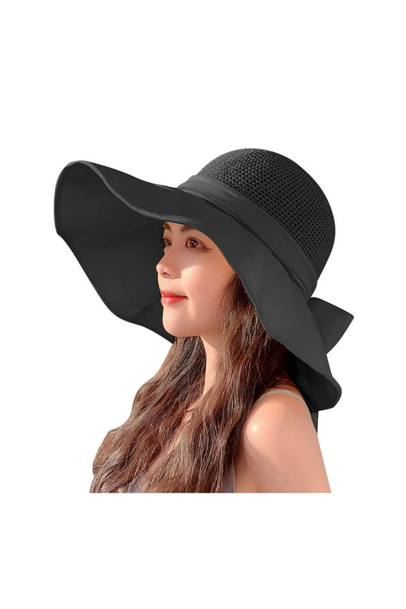 Black Baseball Caps Women's Wide-Brim Sun Straw Hat,Folable Floppy Hat,Summer UV Beach Cap