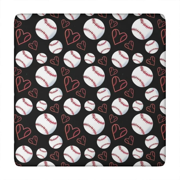 Black Baseballs and Hearts Pattern Square Fitted Tablecloth with Elastic Edge,Square Table Cover,Washable Elastic Table Cover for Home Kitchen Party Decor 34"x34"