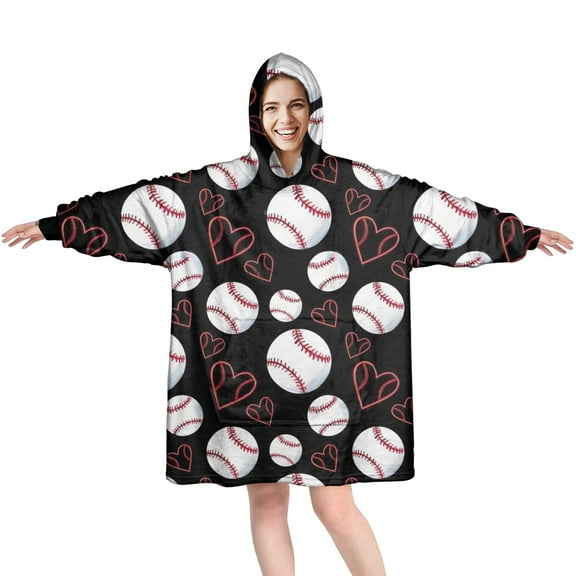 Black Baseballs and Hearts Pattern Wearable Oversized Blanket,Wearable Blanket Hoodie for Adults,Cozy Hooded Blankets with Super Pockets,Super Warm Fuzzy Pullover for Women & Men