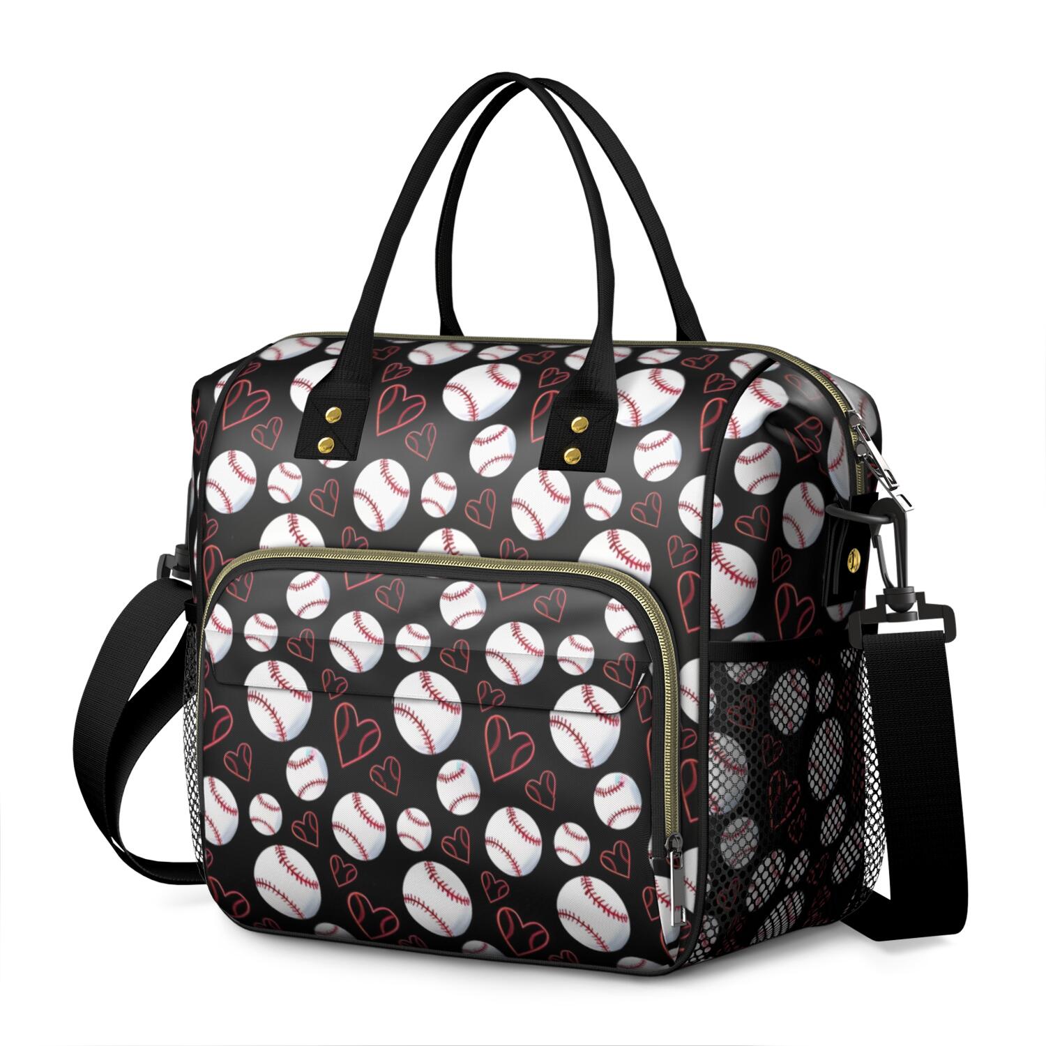 Black Baseballs and Hearts Pattern Womens Lunch Box for Work,Insulated Large Lunch Bag for Tween and Teen,Loncheras Para Mujer,Leakproof Adult Lunch Bag for Work,Beach,Travel,Picnic,Camping