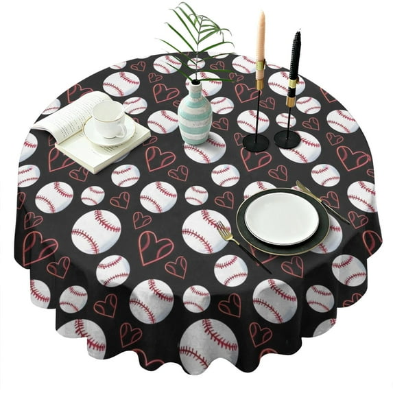 Black Baseballs and Hearts Pattern Round Tablecloth 60"x60",Wrinkle Wipeable Table Cloth for Kitchen Dining Room Picnic Patio Party