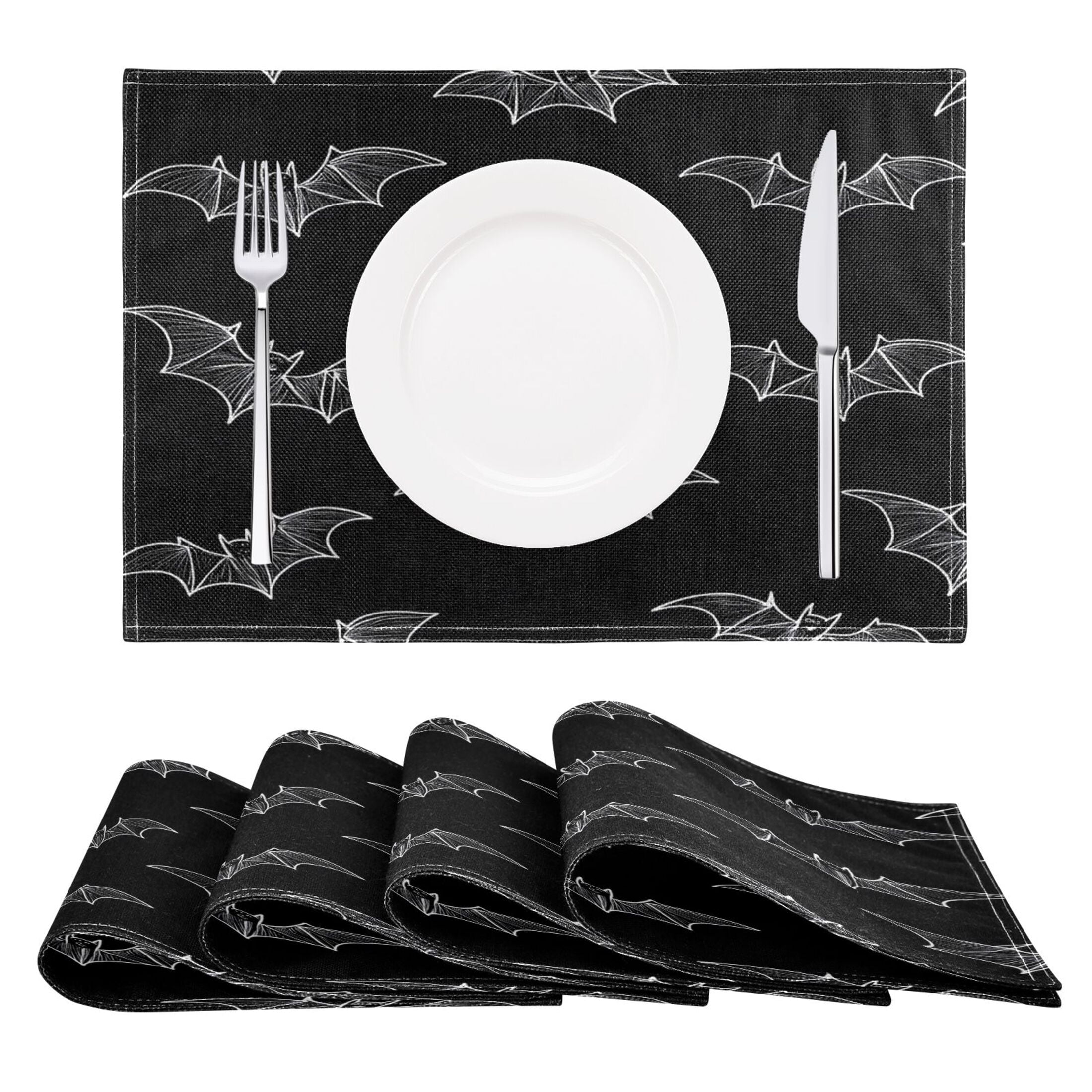 Black Bat Placemats Set of 6 Coffee Mats, Non Slip Backing 18x12 Inch for Home and Restaurants