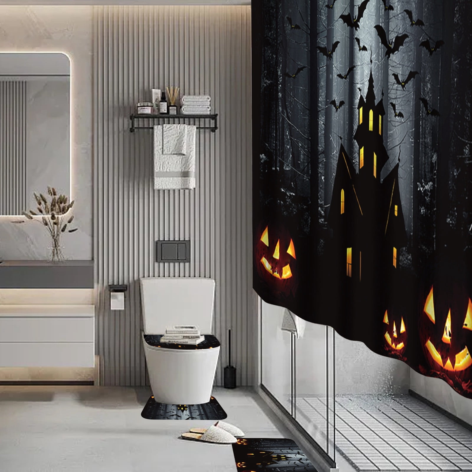 Black Bat Shower Curtain Floor Mat Four Piece Home Bathroom Dry And Wet