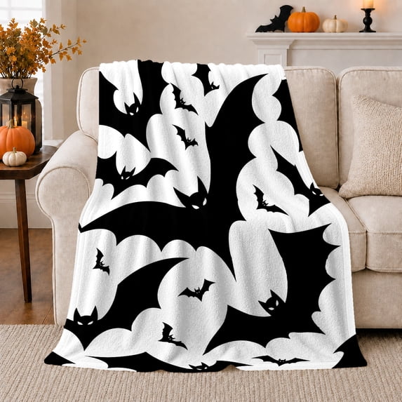 Black Bat Silhouettes on White, Spooky Graphic High Contrast Pattern for Bat Lovers, Halloween Gift, Cozy Flannel Blanket for Family Room and Living Room, Modern Home Decor