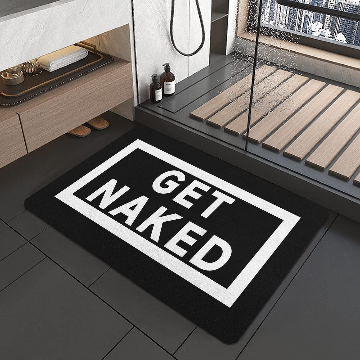 Black Bath Mat 20"x32" Non Slip Quick Dry Super Water Absorbent Floor Mat Rubber Backed Black and White Washable Thin Bathroom Rugs Fit Under Door