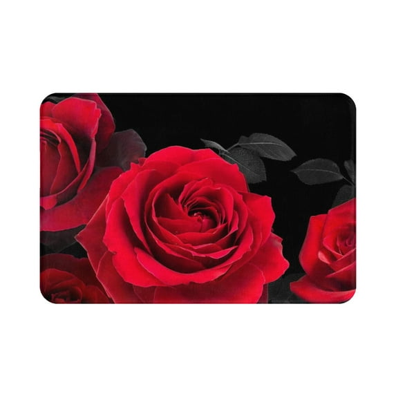 Black Bath Mat Flower Bathroom Rugs Red Bath Rugs Super Soft Non-Slip Red Rose Bath Rugs 16"x24"