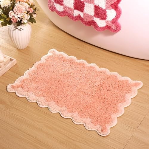 Cute Coral Pink Scalloped Bath Mat, Fun Plush Microfiber Scallop Bathroom Rugs Non Slip Washable Quick Dry Absorbent, Bath Rug Carpet for Shower Stall Vanities Kitchen Floor Entrance, 17x24