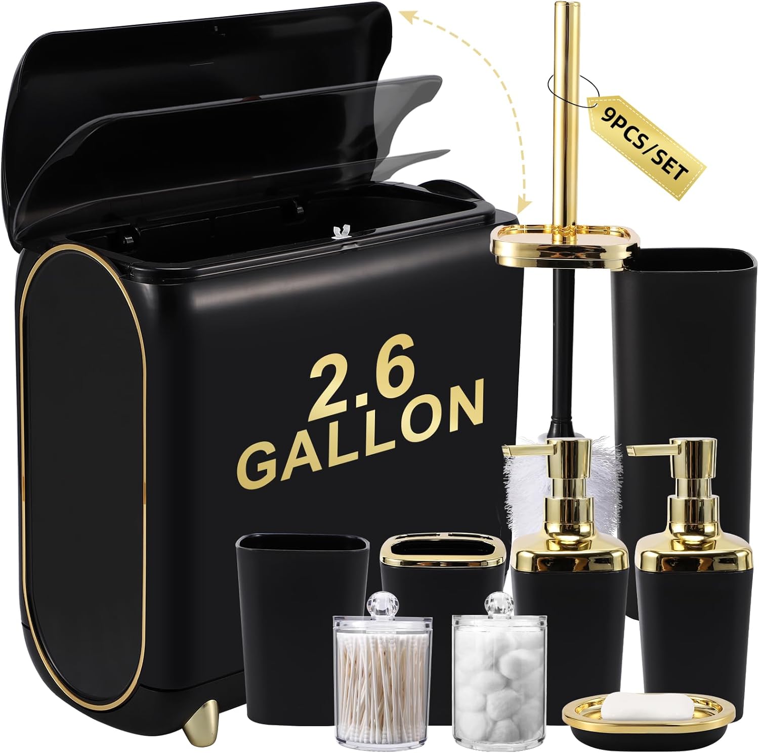 Black Bathroom Accessories 9 Piece Black and Gold Bathroom Set with Slim Trash Can,Soap Dispenser,Toilet Brush,Toothbrush Set, Qtip Holders for Housewarming