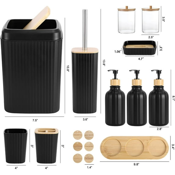 Black Bathroom Accessories Set 17PCS with Soap Dispenser Trash Can for Modern Decor
