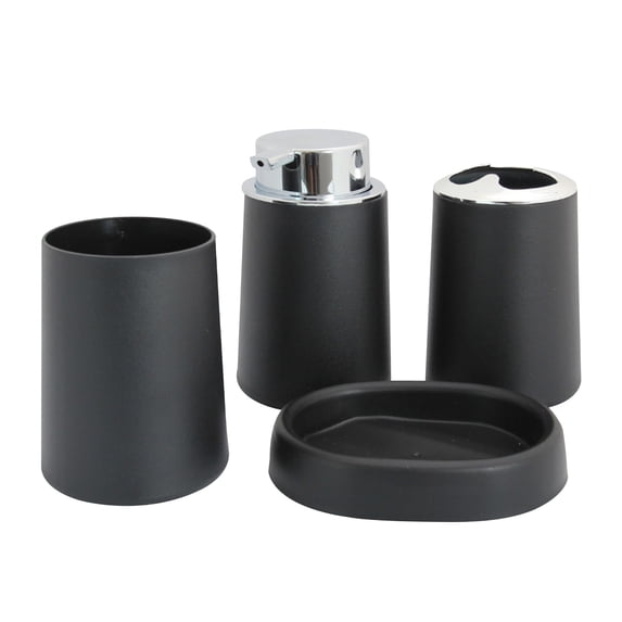 Black Bathroom Accessories Set 4 Pcs, Black Bathroom Accessories, Plastic Soap Dispenser and Toothbrush Holder Set, Soap Dish, Cotton Swab Jar, Black Bathroom Set, Boho Bathroom Decor