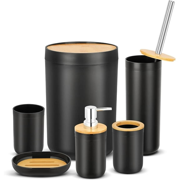 Black Bathroom Accessories Set 6 PCS, Matte Black Bathroom Accessory Sets Complete with Trash Can, Soap Dispenser Rinse Cup Toothbrush Holder, Soap Dish, Toilet Brush Holder