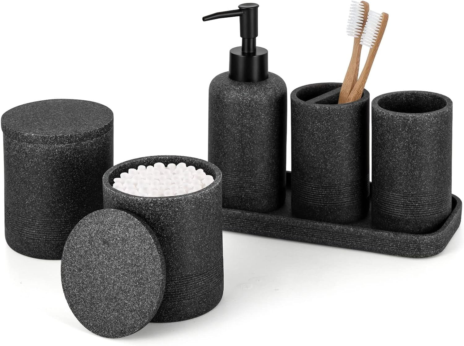 Black Bathroom Accessories Set 6 Pcs - Toothbrush Holder, Lotion Soap ...