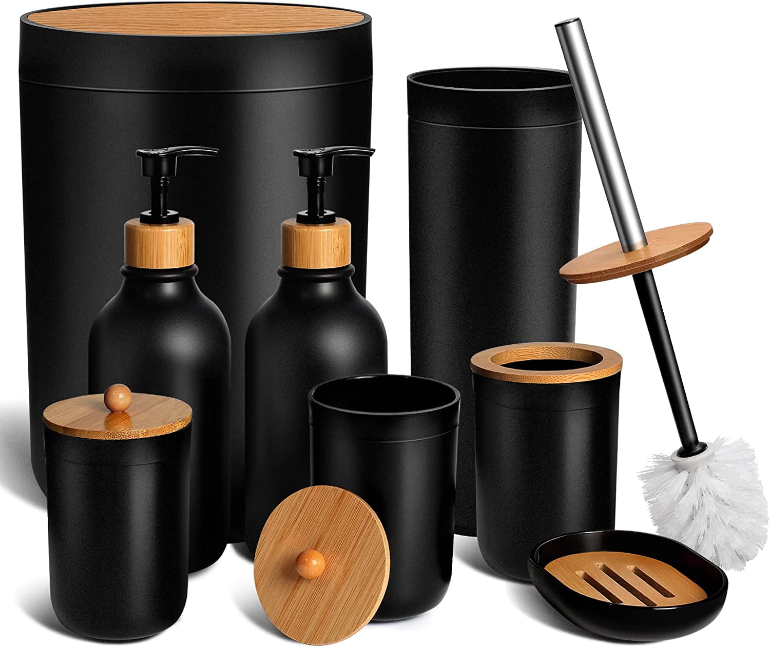 Black Bathroom Accessories Set 8 Pcs, Matte Black Bathroom Accessory Sets With Trash Can, Soap