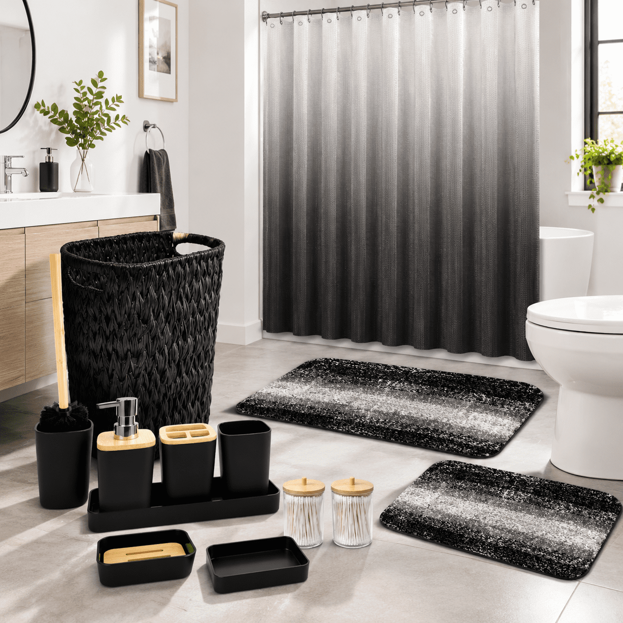 Ratten Rug Kitchen Black Bathroom Accessories Set With Wicker Trash Can Shower Curtain And ...