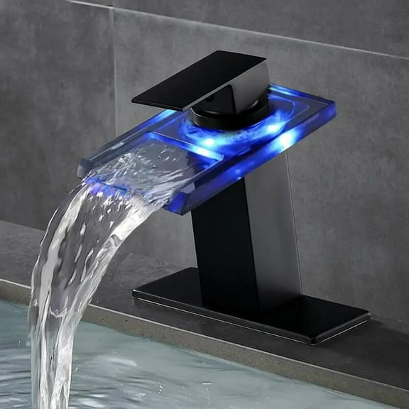 Black Bathroom Basin Sink Faucet LED Single Handle 3 Holes Mixer Tap with Cover