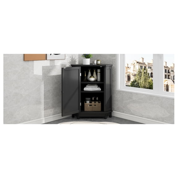 Black Bathroom Cabinet Triangle Corner Storage Cabinet with Adjustable Shelf Modern Style MDF Board