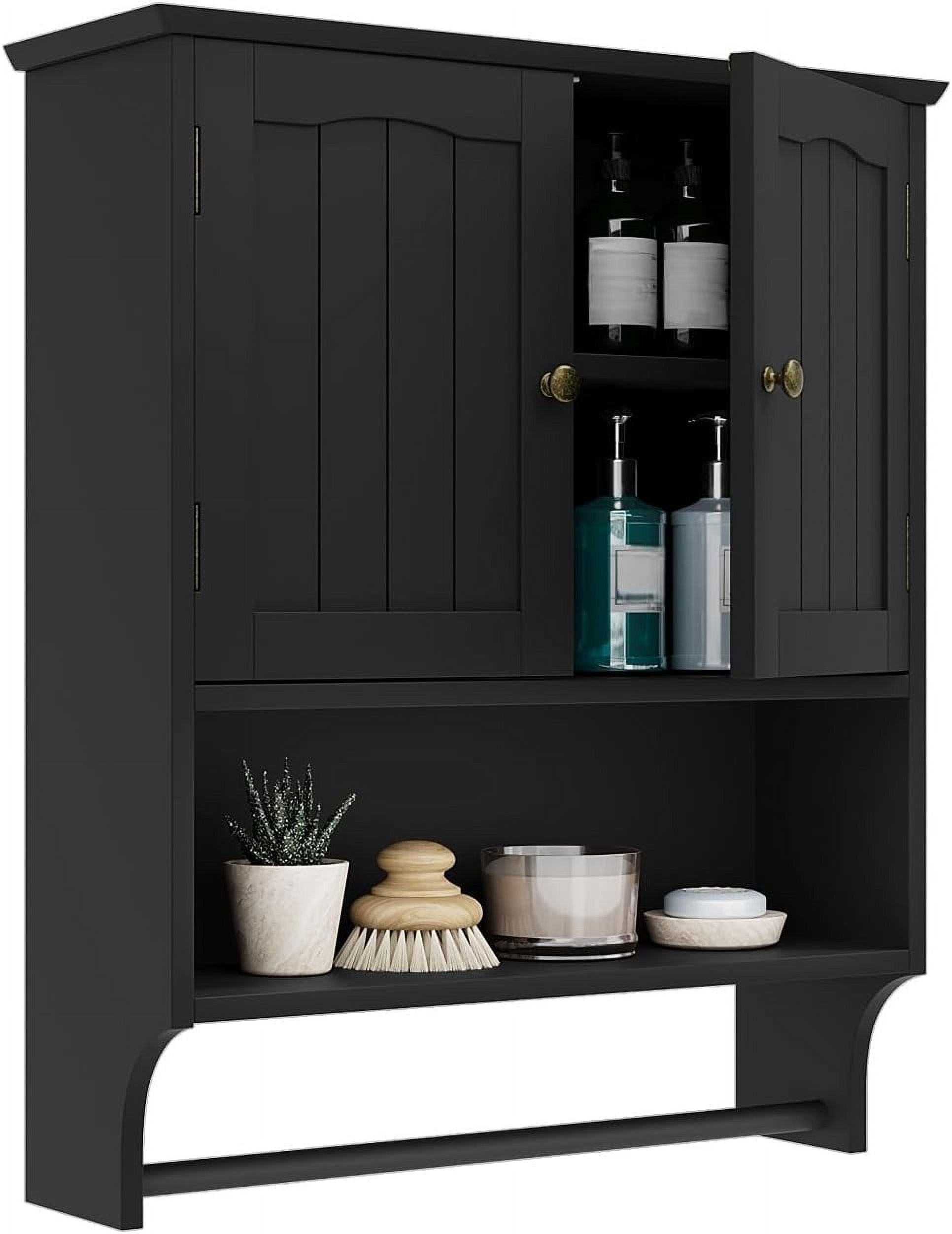 Black Bathroom Cabinet Wall Mounted with Towels Bar, Medicine Cabinet with 2 Door Adjustable ...