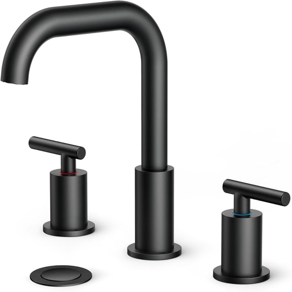 Black Bathroom Faucet 3 Hole Widespread 8 Inch, 2 Handles 360 Swivel Bathroom Sink Faucet with Pop Up Drain and Hoses, for Vanity Restroom RV Lavatory Sink, Matte Finish