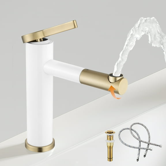 Bathroom Faucet, 360 Swivel Spout Single Handle Bathroom Sink Faucet for 1or 3 Holes, White and Brushed Gold 2 Modes RV Lavatory Vanity Faucet