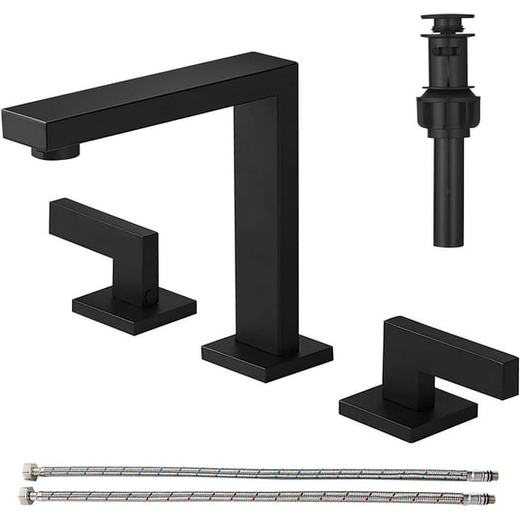 Black Bathroom Faucets for Sink 3 Hole Stainless Steel 2 Handle Lavatory Square Faucet Modern RV Bathroom Faucets with Pop Up Drain Vanity Faucet Deck Mounted