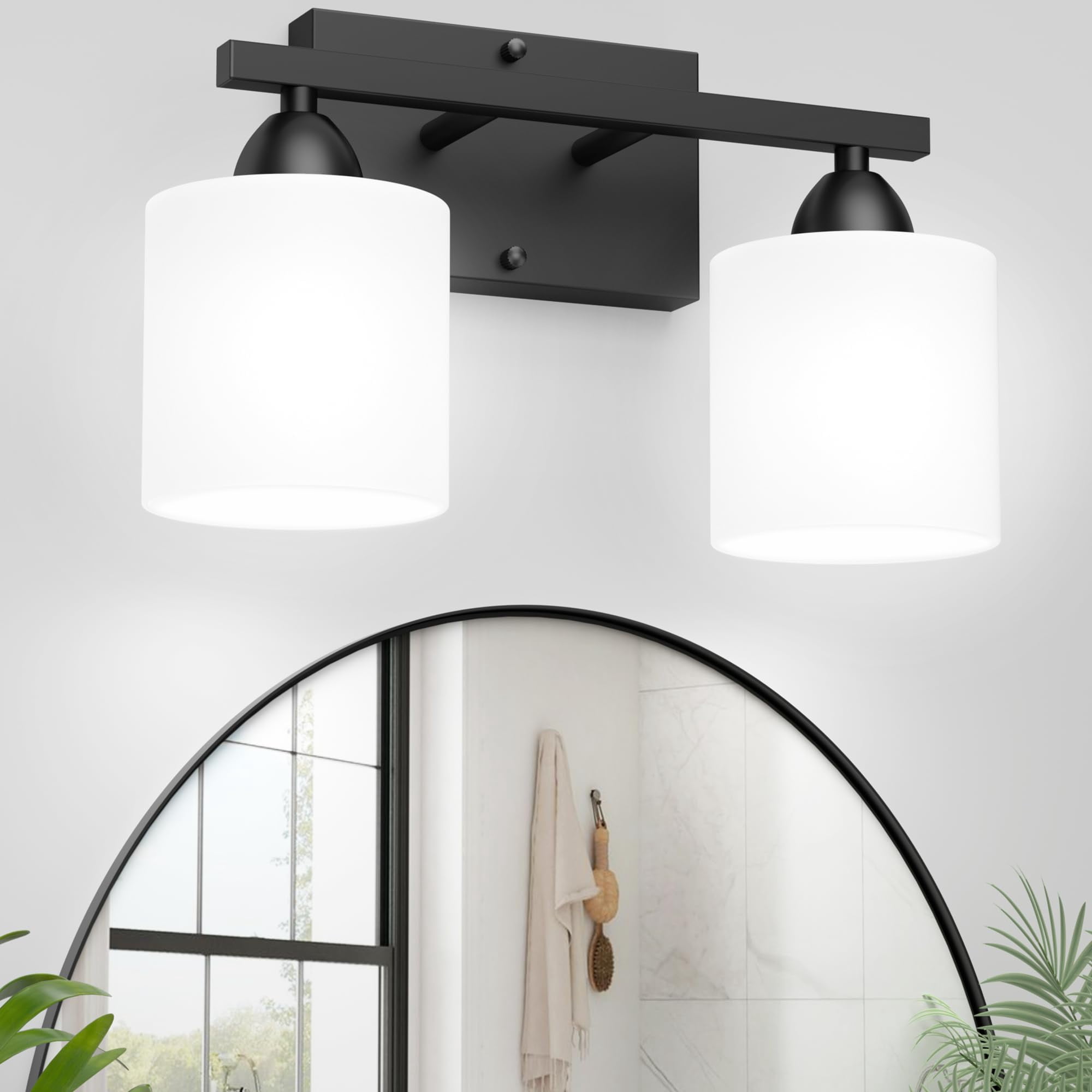 Black Bathroom Lights Over Mirror  Anti-rust Vanity Light Fixture For Modern 2-light Wall Sconce Living Room Standard E26 Base Milky White Glass Shades Bulbs Not Included