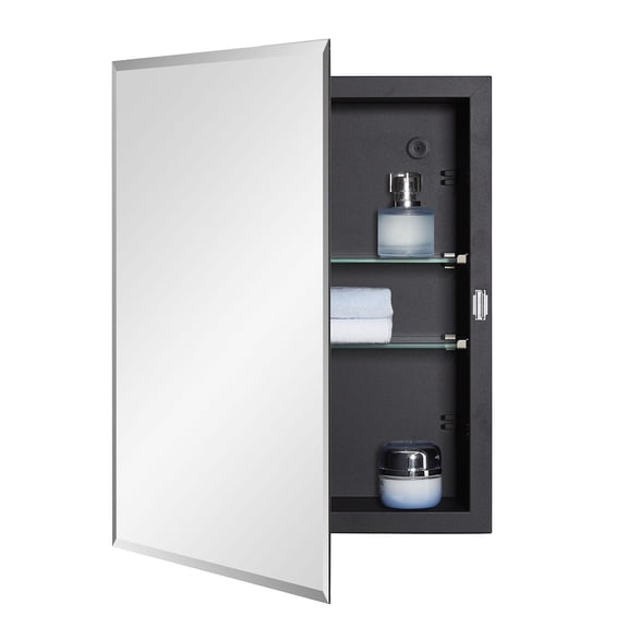 Black Bathroom Medicine Cabinet with Beveled Edge Mirrored Door 14 x 18 inch, Recessed or Surface Mount, with Adjustable Glass shelves