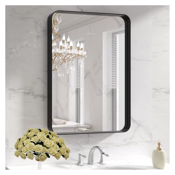 Black Bathroom Mirror 22x30 Inch, Rounded Rectangle Wall Mirror, Matte Black Metal Frame, Farmhouse Vanity Mirror for Bathroom, Durable & Easy Install