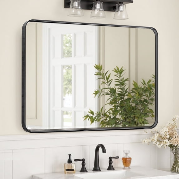 Black Framed Bathroom Mirror 40x30 inch - Rectangular with Round Corners, Anti-Rust Tempered Glass (Horizontal/Vertical Hanging)