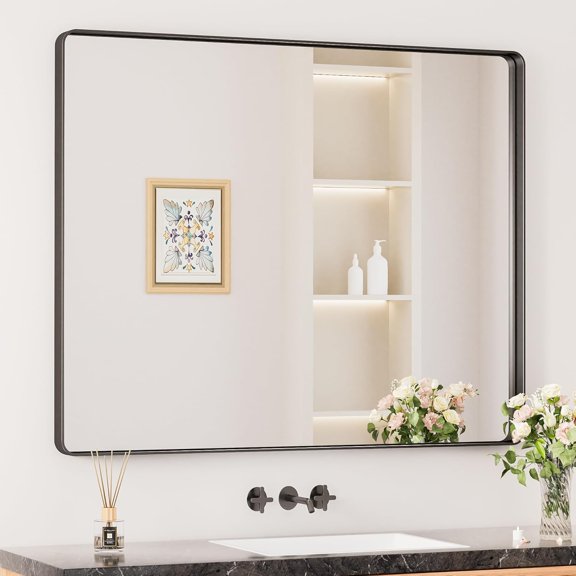 Black Bathroom Mirror for Over Sink, 42 x 36 Inch Large Rounded Rectangle Bathroom Vanity Mirror, Matte Black Farmhouse Wall Mirror, HD Tempered Glass, Seamless Aluminum Alloy Frame Mirror