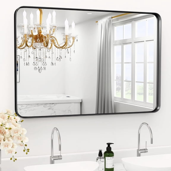 Black Bathroom Mirror for Wall Metal Framed Mirror, Large Rounded Rectangle 42" x 36" Bathroom Mirrors, Black Bathroom Mirrors for Large Spaces,Tempered Glass, Anti-Rust