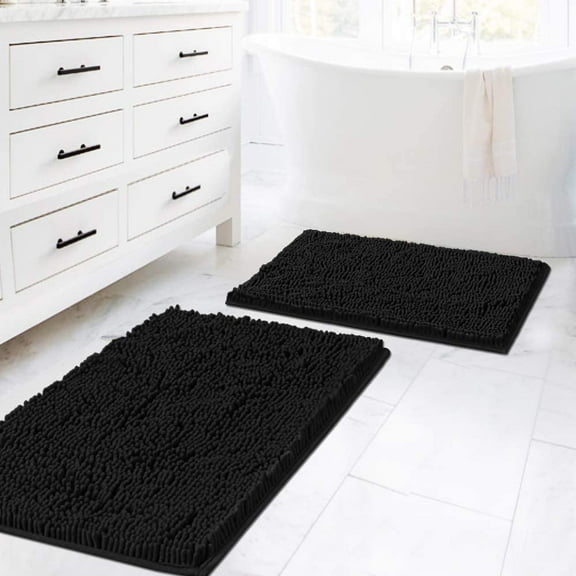 MY  Black Bathroom Rug Set 2 Piece, Bath Mats for Bathroom Floor, Super Thick Soft Shaggy Chenille Bath Mats Machine Washable, Dry Fast Water Absorbent Bath Mats(20" x 32"/17" x 24")