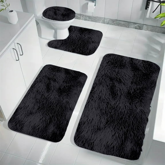 Black Bathroom Rug Set, Bathroom Mat Set, Fluffy Bathroom Rug Mat, Bath Rugs for Bathroom Washable, Non Slip Bathroom Rugs, Absorbent Thick Microfiber Mats, 4-Piece Set