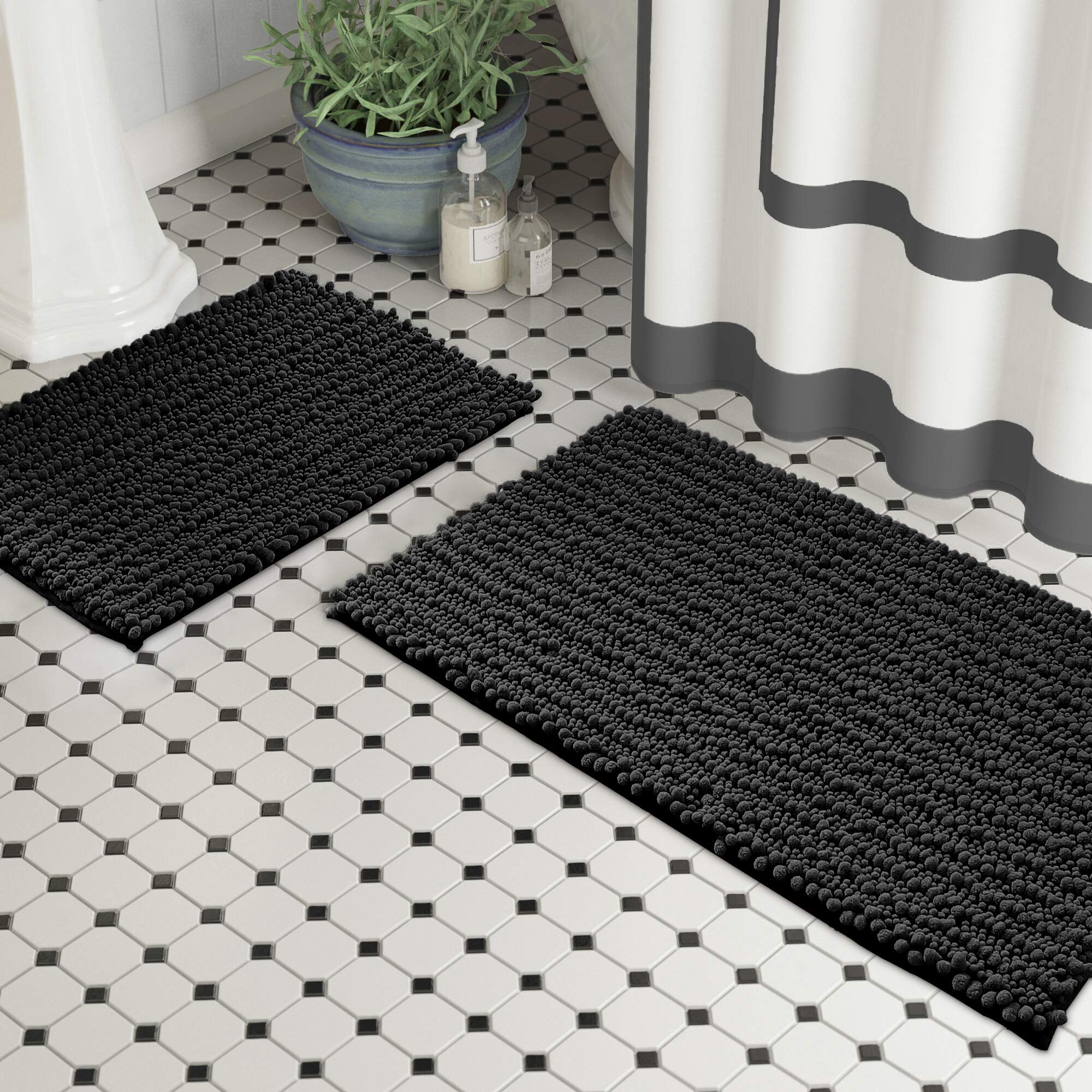 Bathroom Rug Mat Non Slip Black Extra Long Bath Mat for Bathroom Floor -  Fluffy Soft, Ultra Absorbent and Machine Washable Striped Chenille Noodle  Bath Runners …