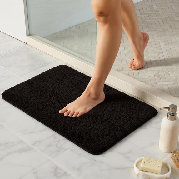 Black Bathroom Rug, Ultra Soft Bath Rugs Non Slip Washable, Super Absorbent Quick Dry Small Mat with Rubber Backing for Floor, Shower, or Sink, 16" x 24"