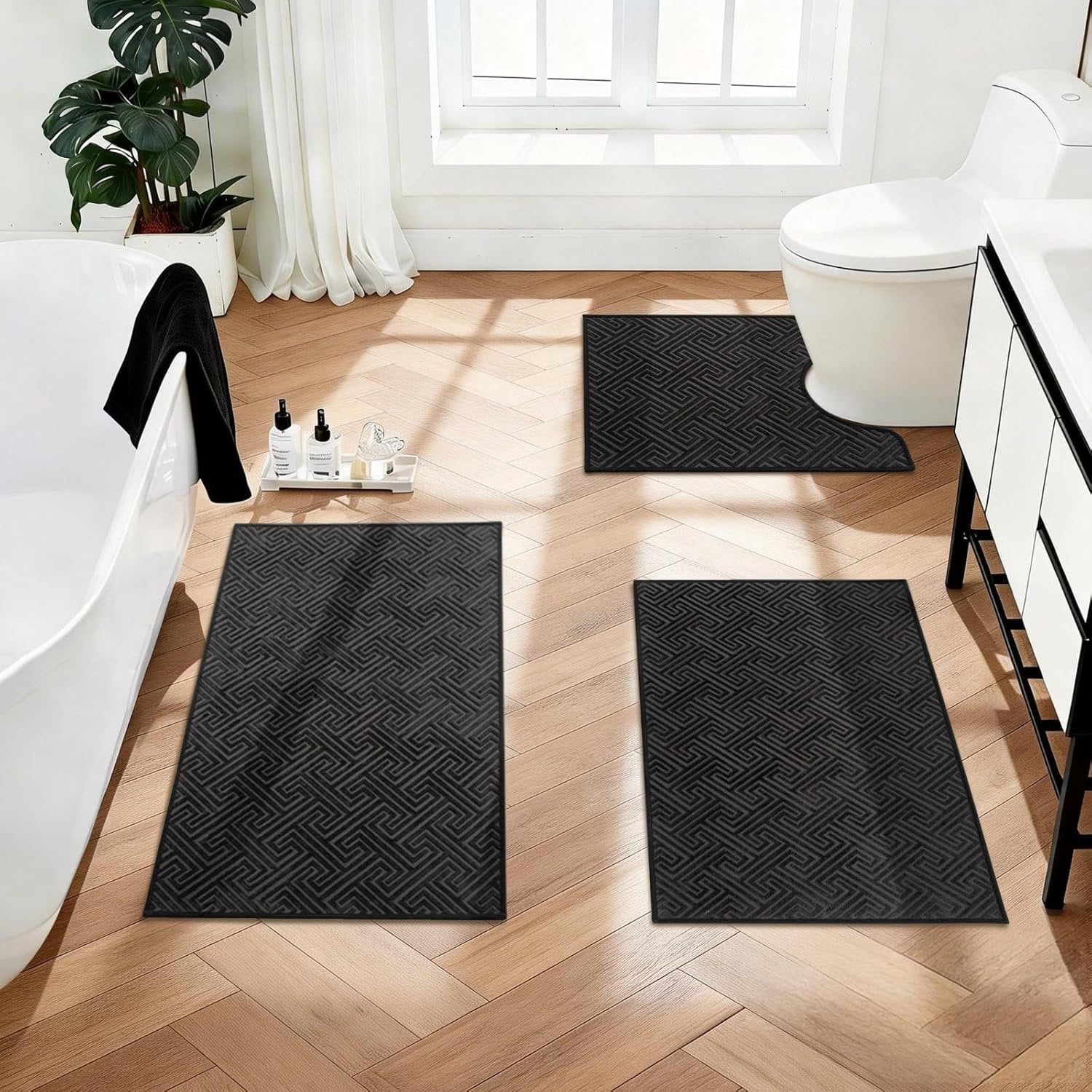 Black Bathroom Rugs Sets 3 count, Quick Dry Non Slip Bath Rug ...