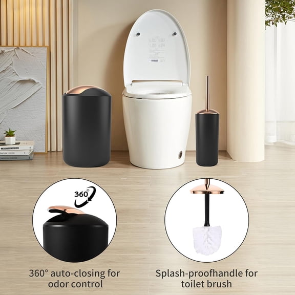 Black Bathroom Set with Shower Curtain and Rugs 25Pcs, Bathroom Accessory Set - Trash Can, Soap Dispenser, Soap Dish, Toilet Brush, Toothbrush Holder, Tumbler Cup, Tray, Canisters