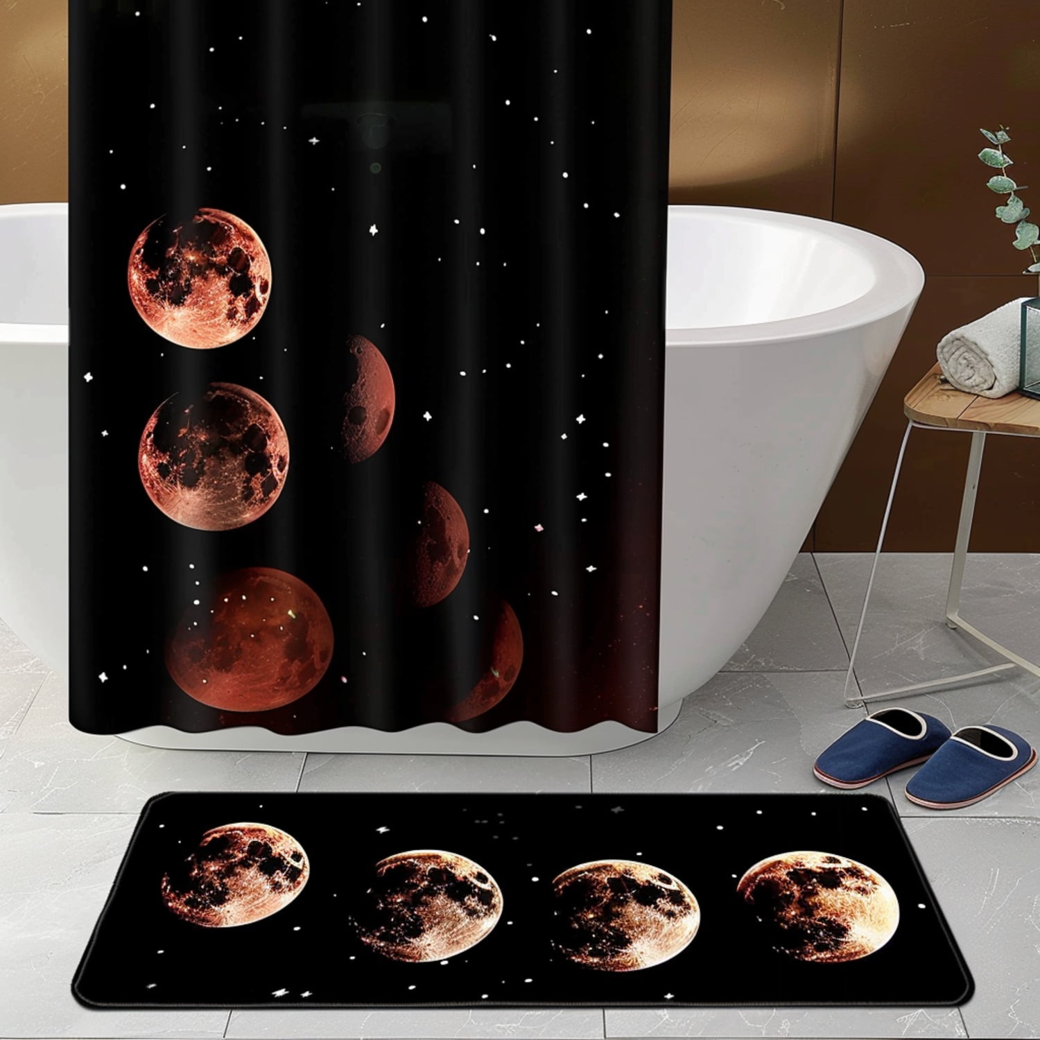 Black Bathroom Set with Moon Phases Design Red Moons on Dark Brown