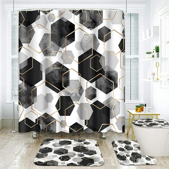 Black Bathroom Sets with Shower Curtain and Rugs and Accessories, Black White Grey Shower Curtain Sets, Triangle Geometric Shower Curtains for Bathroom,Modern Art Bathroom Decor 4 Pcs