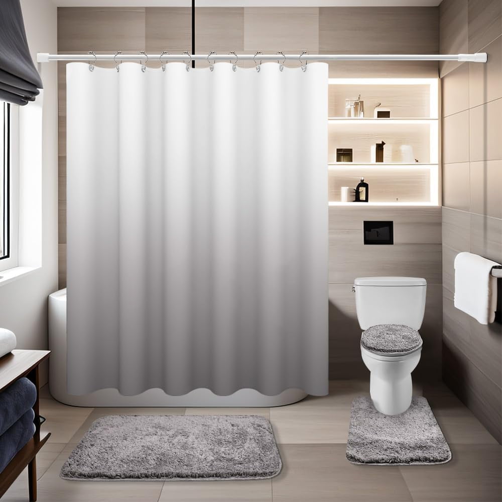 Black Bathroom Sets with Shower Curtain and Rugs Waterproof Shower ...