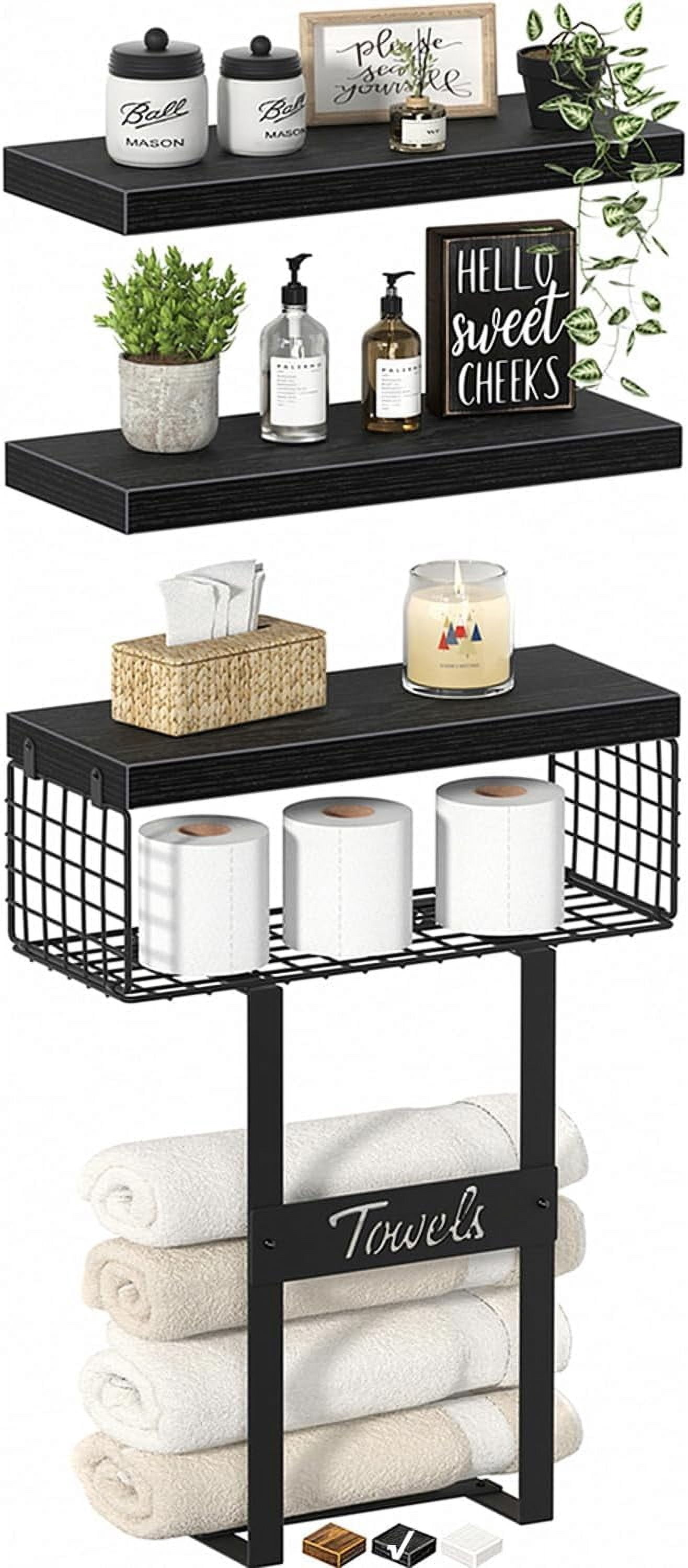 Black Bathroom Shelves with Towel Rack - Farmhouse Floating Shelf Over ...
