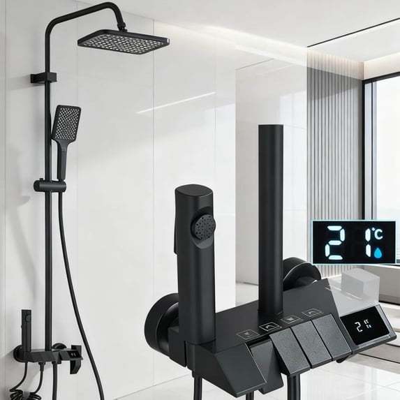 Black Bathroom Shower Faucet system Exposed Shower Fixture w/ Digital ...