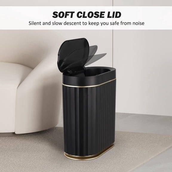 Black Bathroom Trash Can with Lid 2 Gallon Sensor Trash Bin, Automatic Narrow Garbage Can, Waterproof Smart Trash Can, Slim Motion Sensor