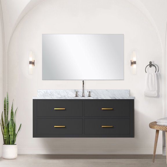 Black Bathroom Vanity 48"x22", Marble Surface, Faucet, Soft Close, Wood, Plywood Bath 48in X 22in, Counter, Faucet Included, Solid Wood & Structure