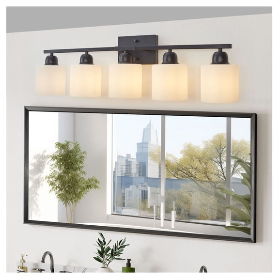 Black Bathroom Vanity Light, 5-Light Modern Wall Sconce Fixture Over Mirror, E26 Sockets with Frosted Glass Shades (Bulbs Not Included)